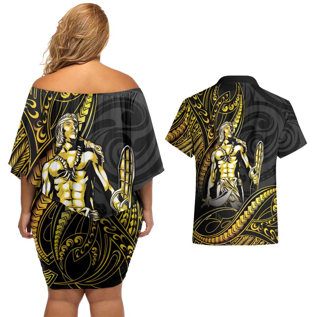 Filipinos Lapu Lapu Hero Couples Matching Off Shoulder Short Dress and Hawaiian Shirt Gold Polynesian Tribal Tattoo LT05 - Polynesian Pride