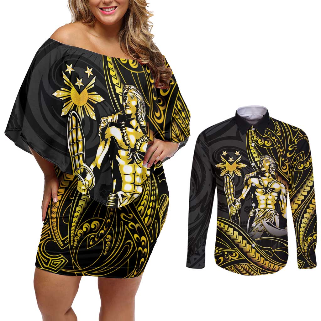 Filipinos Lapu Lapu Hero Couples Matching Off Shoulder Short Dress and Long Sleeve Button Shirt Gold Polynesian Tribal Tattoo