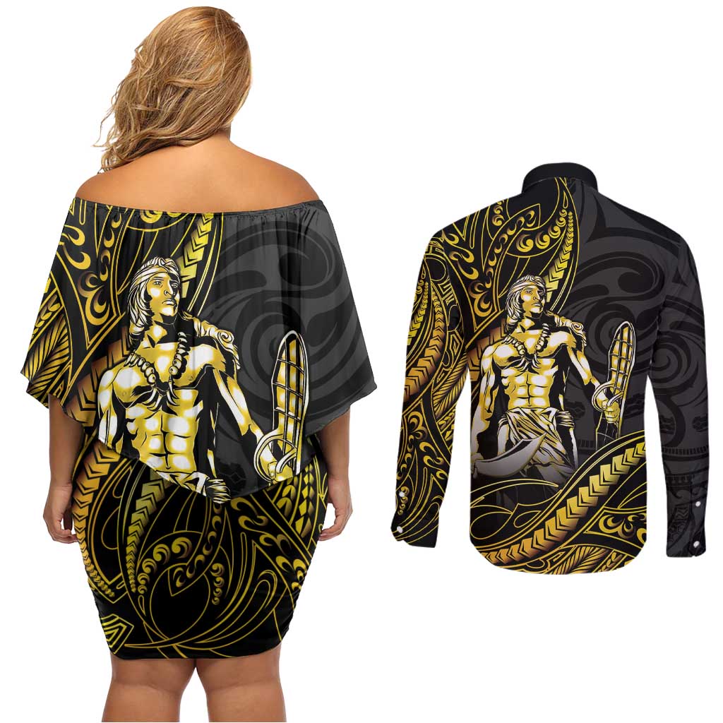 Filipinos Lapu Lapu Hero Couples Matching Off Shoulder Short Dress and Long Sleeve Button Shirt Gold Polynesian Tribal Tattoo LT05 - Polynesian Pride