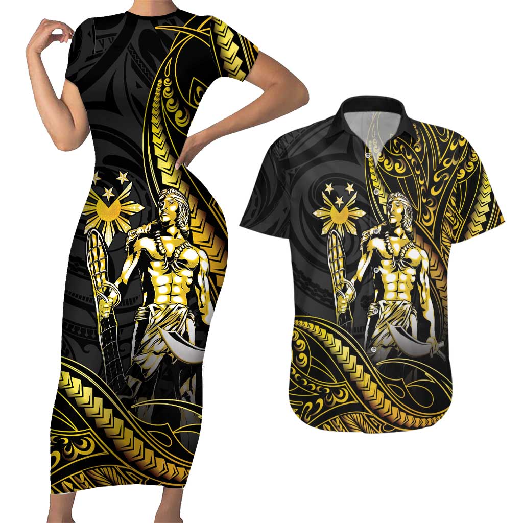 Filipinos Lapu Lapu Hero Couples Matching Short Sleeve Bodycon Dress and Hawaiian Shirt Gold Polynesian Tribal Tattoo LT05 Gold - Polynesian Pride