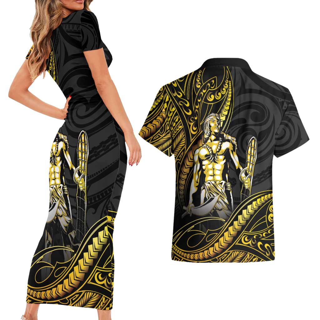 Filipinos Lapu Lapu Hero Couples Matching Short Sleeve Bodycon Dress and Hawaiian Shirt Gold Polynesian Tribal Tattoo LT05 - Polynesian Pride