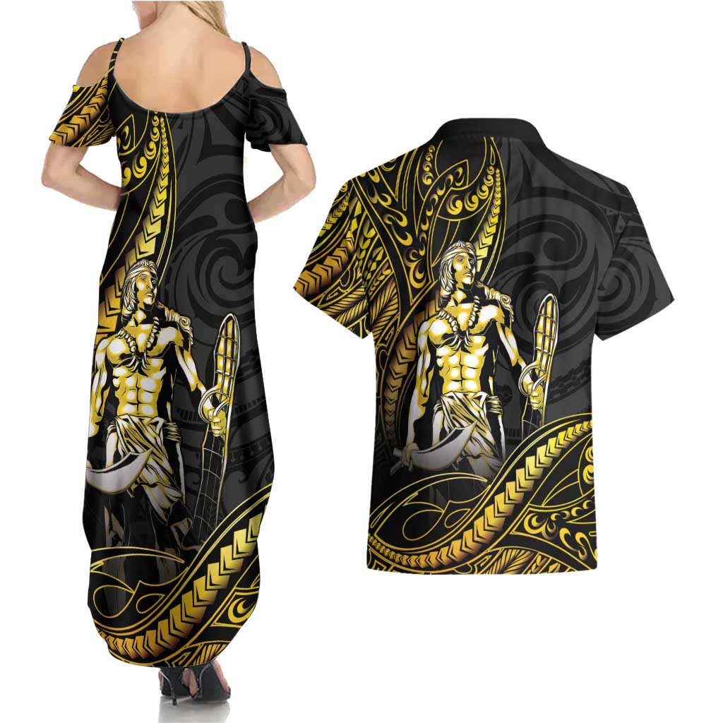 Filipinos Lapu Lapu Hero Couples Matching Summer Maxi Dress and Hawaiian Shirt Gold Polynesian Tribal Tattoo LT05 - Polynesian Pride