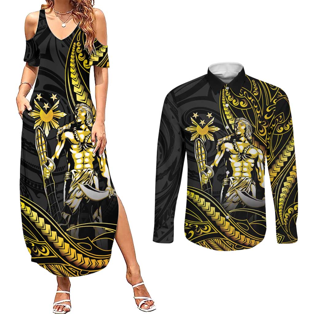Filipinos Lapu Lapu Hero Couples Matching Summer Maxi Dress and Long Sleeve Button Shirt Gold Polynesian Tribal Tattoo LT05 Gold - Polynesian Pride