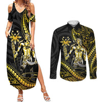 Filipinos Lapu Lapu Hero Couples Matching Summer Maxi Dress and Long Sleeve Button Shirt Gold Polynesian Tribal Tattoo LT05 Gold - Polynesian Pride
