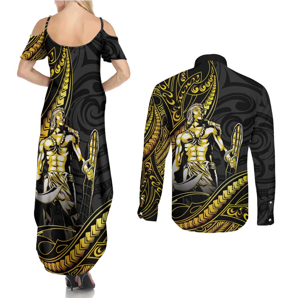 Filipinos Lapu Lapu Hero Couples Matching Summer Maxi Dress and Long Sleeve Button Shirt Gold Polynesian Tribal Tattoo LT05 - Polynesian Pride