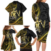 Filipinos Lapu Lapu Hero Family Matching Long Sleeve Bodycon Dress and Hawaiian Shirt Gold Polynesian Tribal Tattoo LT05 - Polynesian Pride