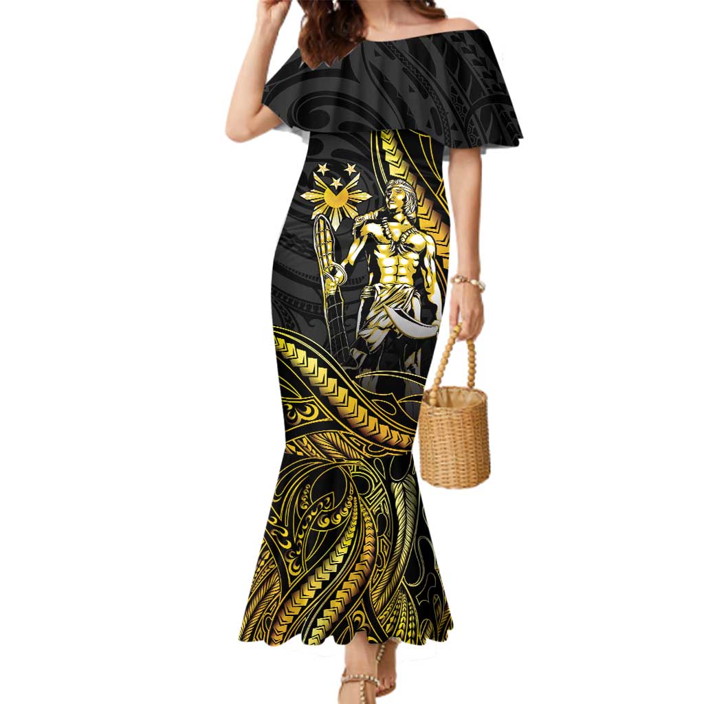 Filipinos Lapu Lapu Hero Family Matching Mermaid Dress and Hawaiian Shirt Gold Polynesian Tribal Tattoo LT05 Mom's Dress Gold - Polynesian Pride