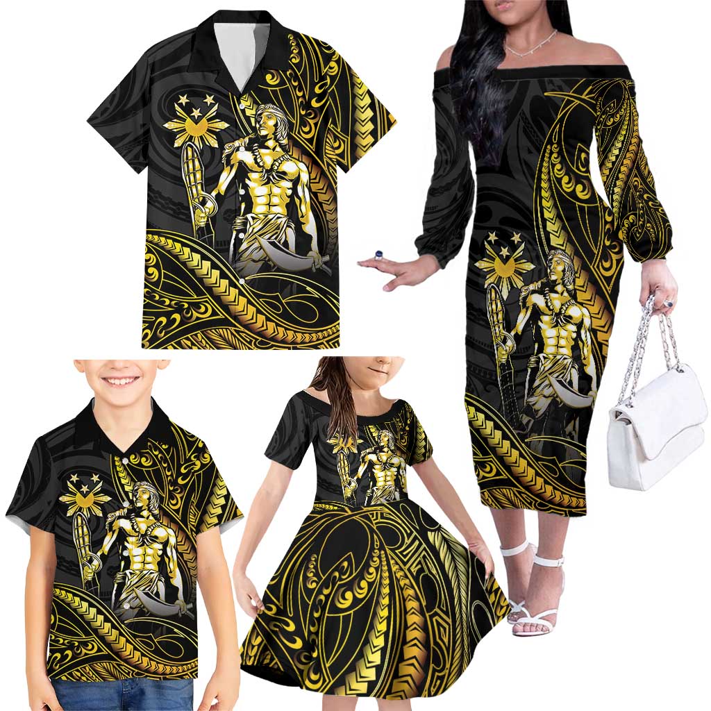 Filipinos Lapu Lapu Hero Family Matching Off The Shoulder Long Sleeve Dress and Hawaiian Shirt Gold Polynesian Tribal Tattoo LT05 - Polynesian Pride