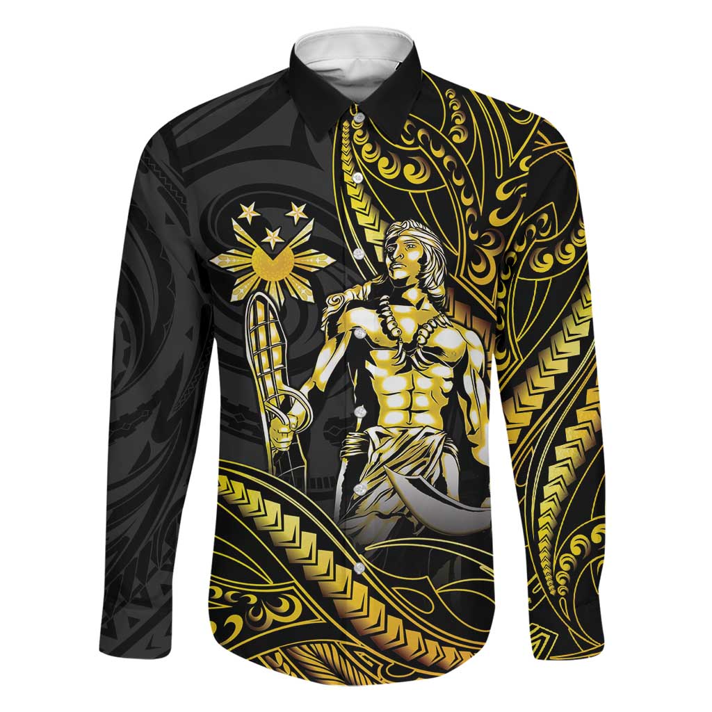 Filipinos Lapu Lapu Hero Family Matching Off Shoulder Maxi Dress and Hawaiian Shirt Gold Polynesian Tribal Tattoo LT05 Dad's Shirt - Long Sleeve Gold - Polynesian Pride