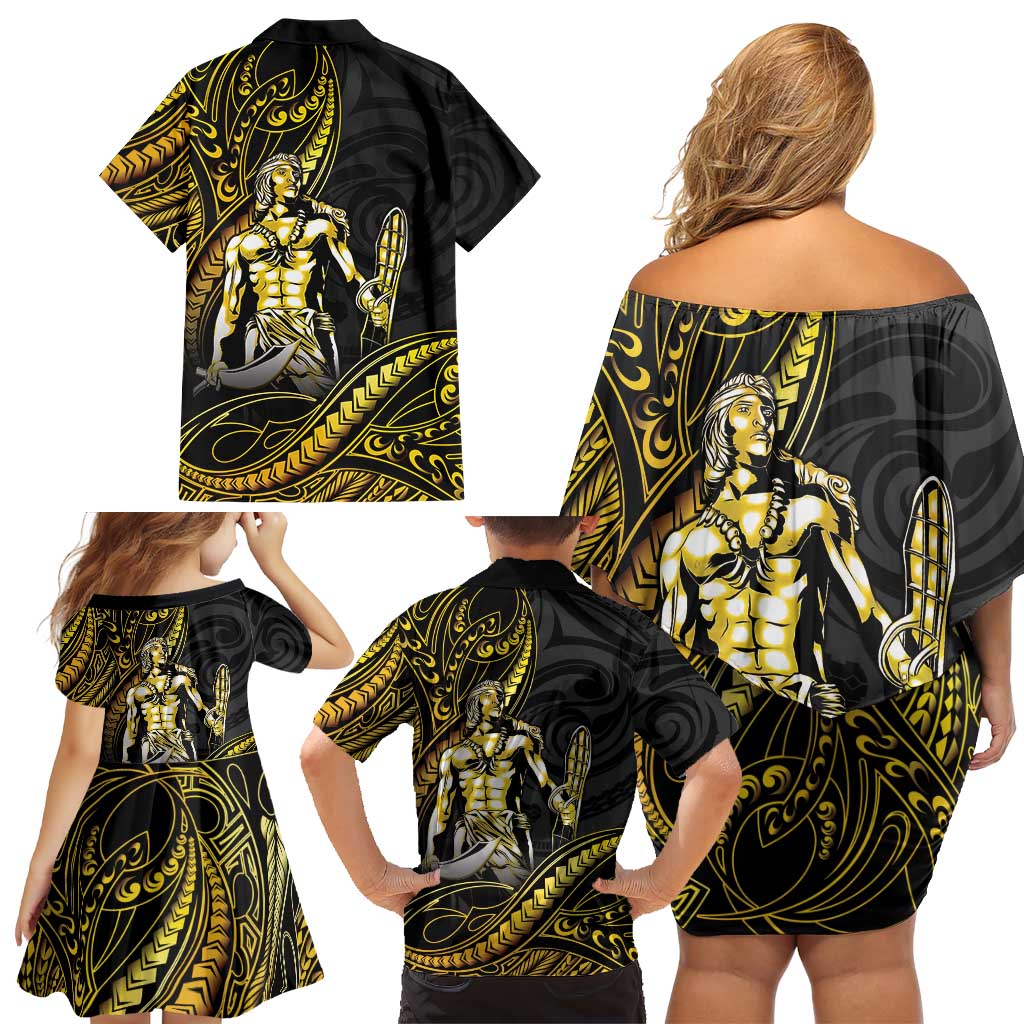 Filipinos Lapu Lapu Hero Family Matching Off Shoulder Short Dress and Hawaiian Shirt Gold Polynesian Tribal Tattoo LT05 - Polynesian Pride