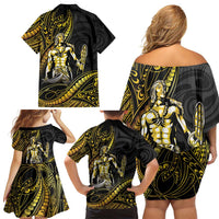 Filipinos Lapu Lapu Hero Family Matching Off Shoulder Short Dress and Hawaiian Shirt Gold Polynesian Tribal Tattoo LT05 - Polynesian Pride