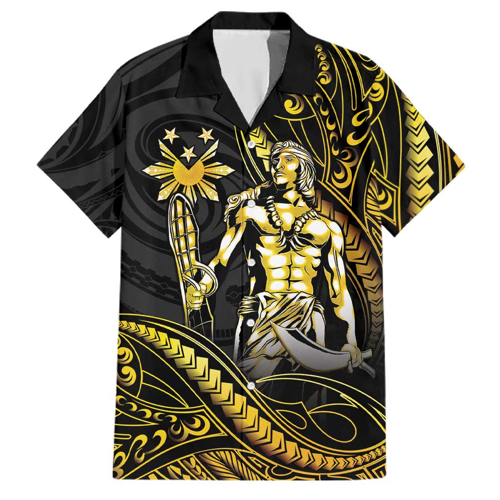 Filipinos Lapu Lapu Hero Family Matching Puletasi and Hawaiian Shirt Gold Polynesian Tribal Tattoo LT05 Dad's Shirt - Short Sleeve Gold - Polynesian Pride