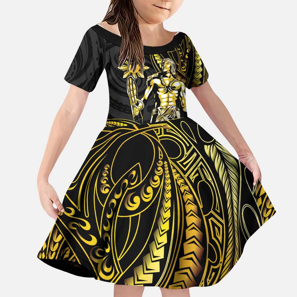 Filipinos Lapu Lapu Hero Family Matching Short Sleeve Bodycon Dress and Hawaiian Shirt Gold Polynesian Tribal Tattoo LT05 Daughter's Dress Gold - Polynesian Pride