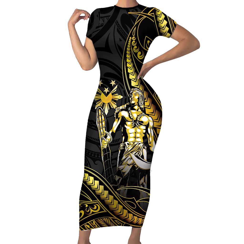 Filipinos Lapu Lapu Hero Family Matching Short Sleeve Bodycon Dress and Hawaiian Shirt Gold Polynesian Tribal Tattoo LT05 Mom's Dress Gold - Polynesian Pride