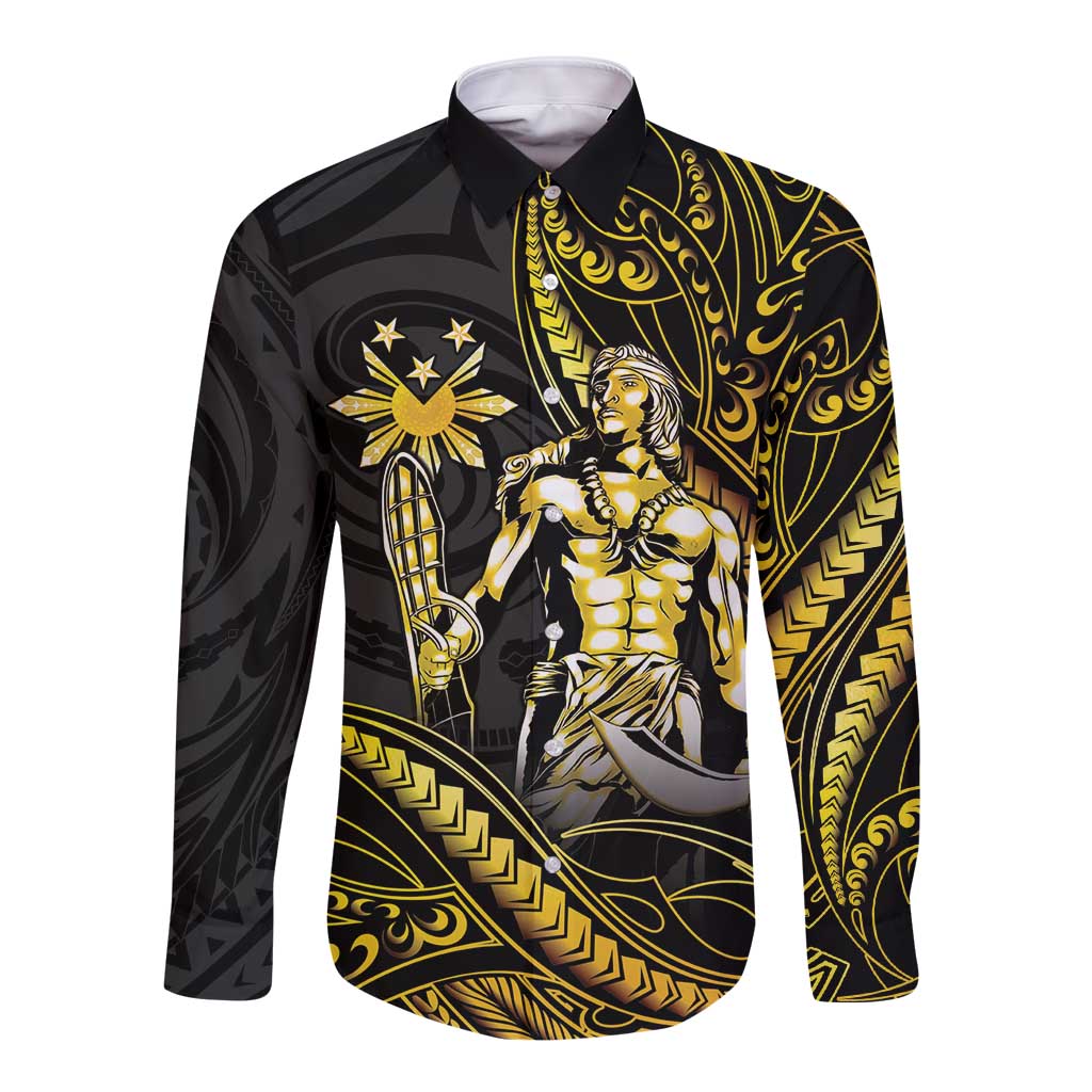 Filipinos Lapu Lapu Hero Long Sleeve Button Shirt Gold Polynesian Tribal Tattoo