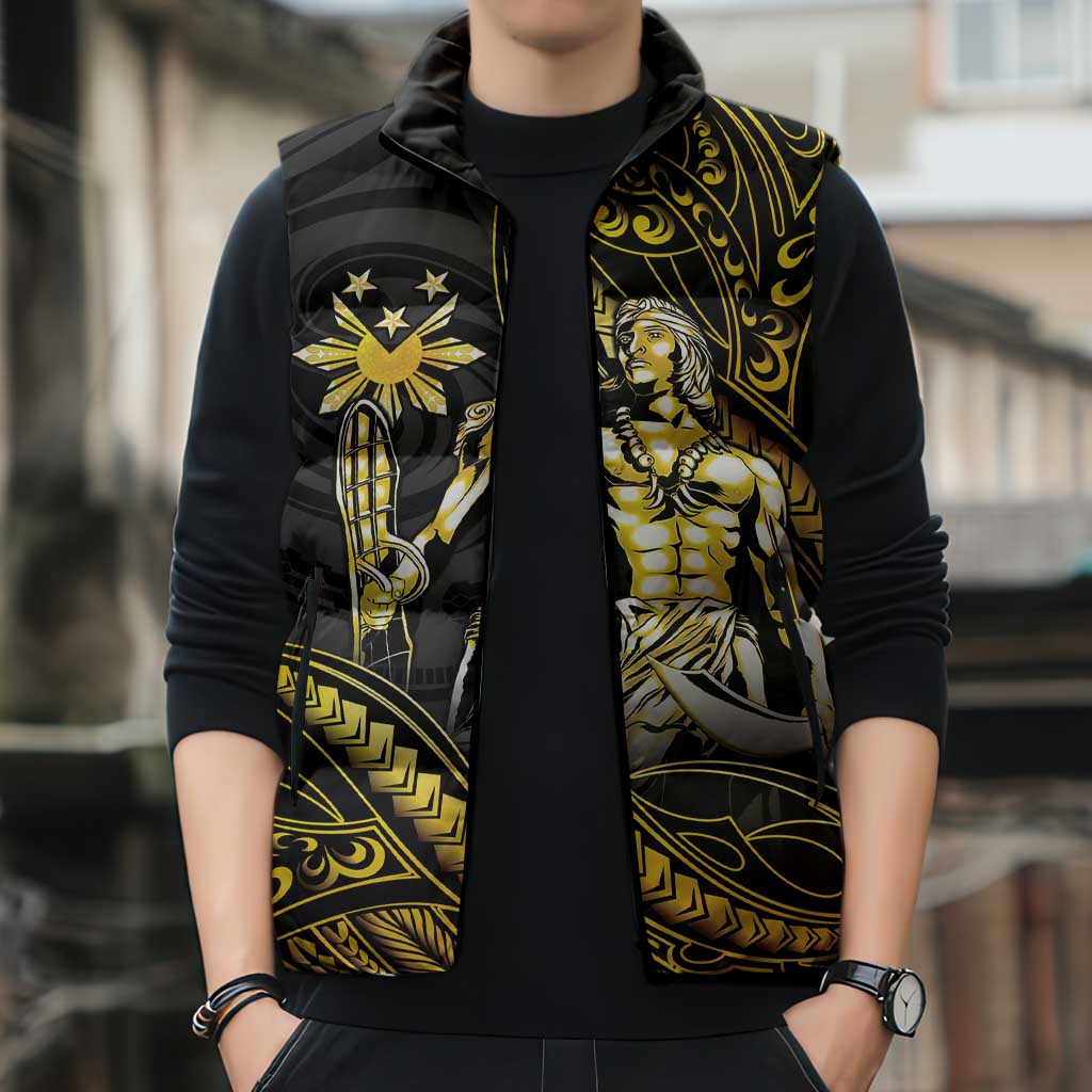 Filipinos Lapu Lapu Hero Sleeveless Puffer Jacket Gold Polynesian Tribal Tattoo LT05 - Polynesian Pride