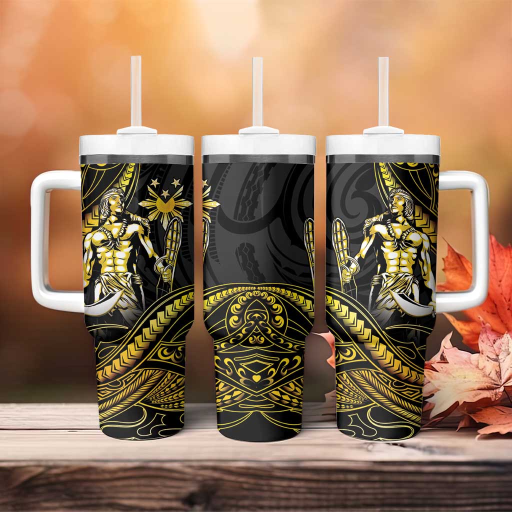Filipinos Lapu Lapu Hero Tumbler With Handle Gold Polynesian Tribal Tattoo