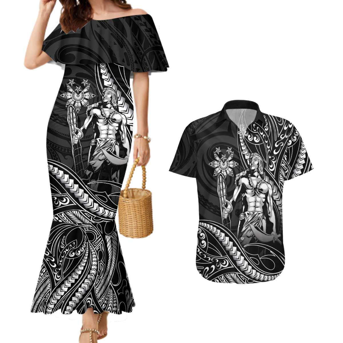 Filipinos Lapu Lapu Hero Couples Matching Mermaid Dress and Hawaiian Shirt Black Polynesian Tribal Tattoo