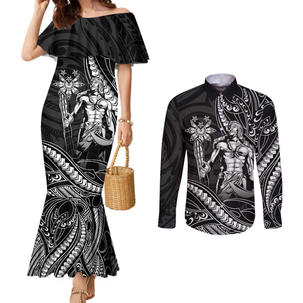Filipinos Lapu Lapu Hero Couples Matching Mermaid Dress and Long Sleeve Button Shirt Black Polynesian Tribal Tattoo LT05 Black - Polynesian Pride