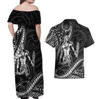 Filipinos Lapu Lapu Hero Couples Matching Off Shoulder Maxi Dress and Hawaiian Shirt Black Polynesian Tribal Tattoo LT05 - Polynesian Pride