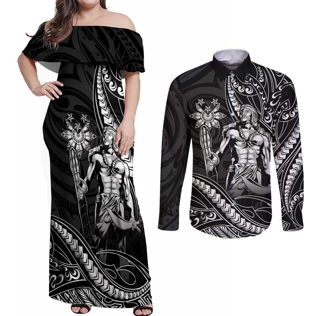 Filipinos Lapu Lapu Hero Couples Matching Off Shoulder Maxi Dress and Long Sleeve Button Shirt Black Polynesian Tribal Tattoo