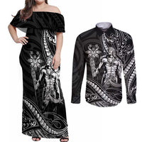 Filipinos Lapu Lapu Hero Couples Matching Off Shoulder Maxi Dress and Long Sleeve Button Shirt Black Polynesian Tribal Tattoo LT05 Black - Polynesian Pride
