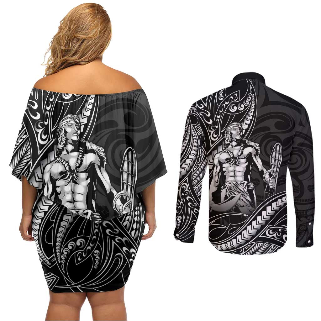 Filipinos Lapu Lapu Hero Couples Matching Off Shoulder Short Dress and Long Sleeve Button Shirt Black Polynesian Tribal Tattoo LT05 - Polynesian Pride
