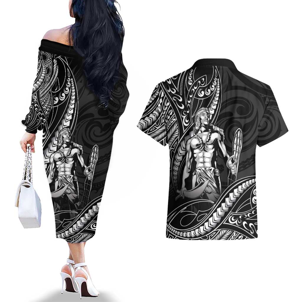 Filipinos Lapu Lapu Hero Couples Matching Off The Shoulder Long Sleeve Dress and Hawaiian Shirt Black Polynesian Tribal Tattoo LT05 - Polynesian Pride