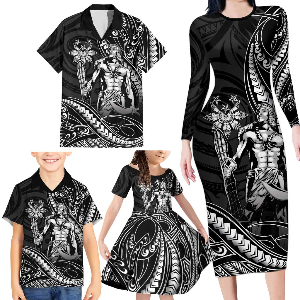 Filipinos Lapu Lapu Hero Family Matching Long Sleeve Bodycon Dress and Hawaiian Shirt Black Polynesian Tribal Tattoo LT05 - Polynesian Pride
