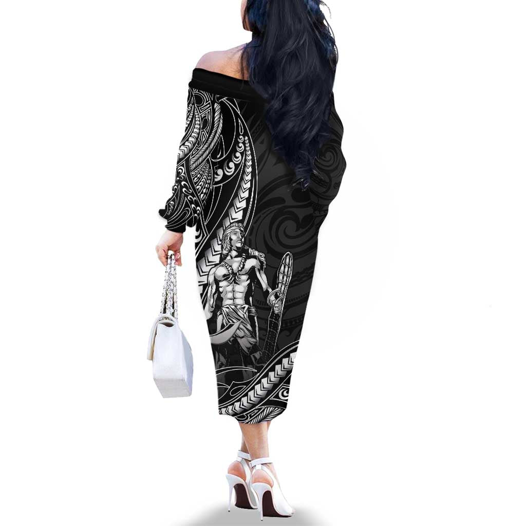 Filipinos Lapu Lapu Hero Family Matching Off The Shoulder Long Sleeve Dress and Hawaiian Shirt Black Polynesian Tribal Tattoo LT05 - Polynesian Pride