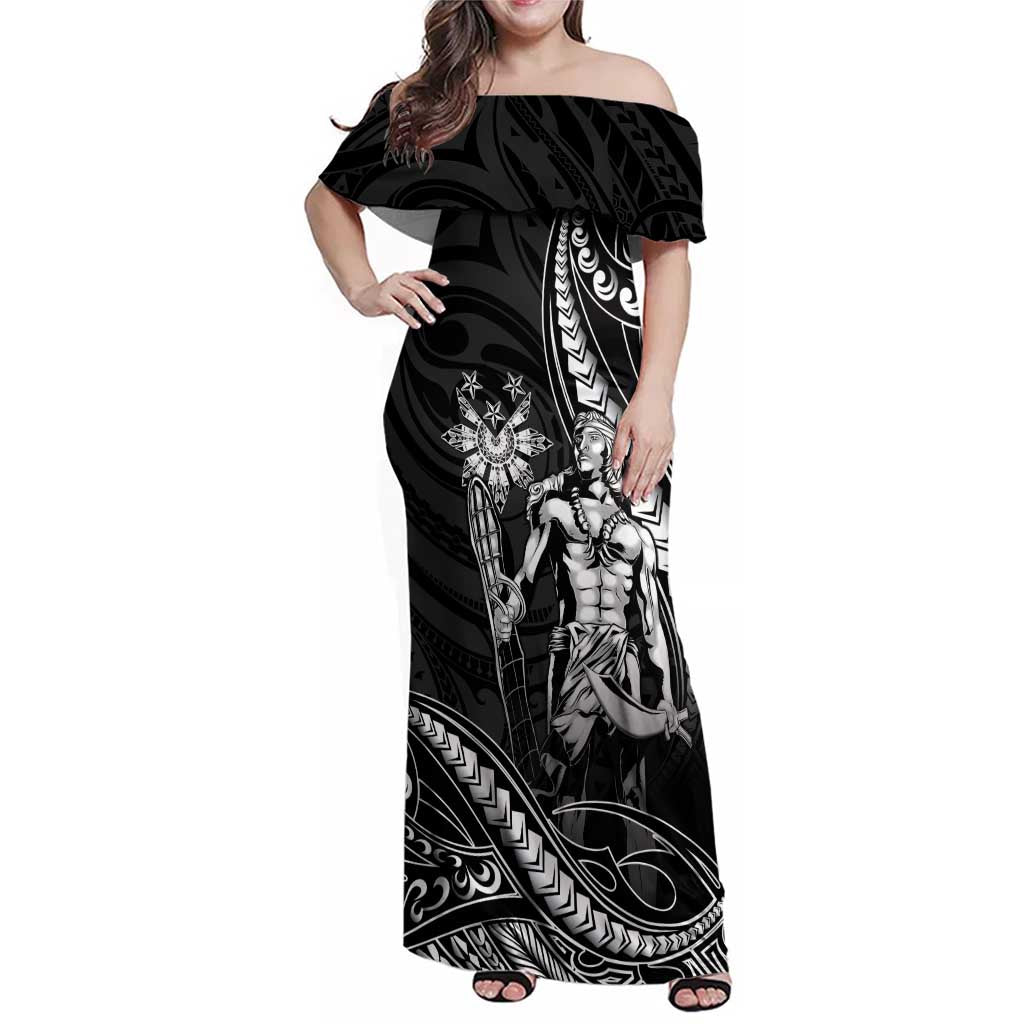Filipinos Lapu Lapu Hero Family Matching Off Shoulder Maxi Dress and Hawaiian Shirt Black Polynesian Tribal Tattoo LT05 Mom's Dress Black - Polynesian Pride