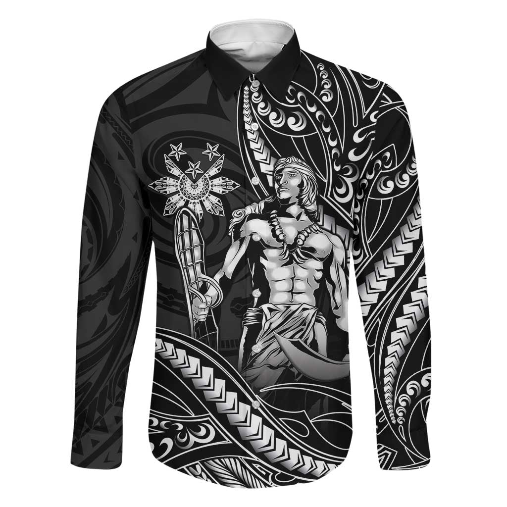 Filipinos Lapu Lapu Hero Family Matching Off Shoulder Short Dress and Hawaiian Shirt Black Polynesian Tribal Tattoo LT05 Dad's Shirt - Long Sleeve Black - Polynesian Pride