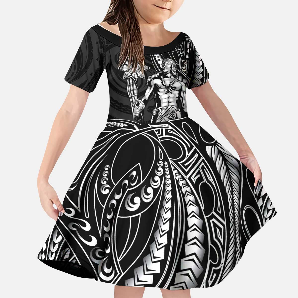 Filipinos Lapu Lapu Hero Kid Short Sleeve Dress Black Polynesian Tribal Tattoo