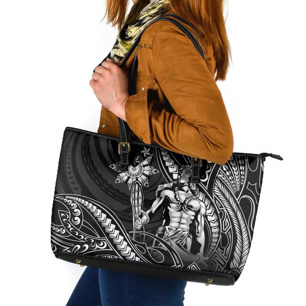 Filipinos Lapu Lapu Hero Leather Tote Bag Black Polynesian Tribal Tattoo