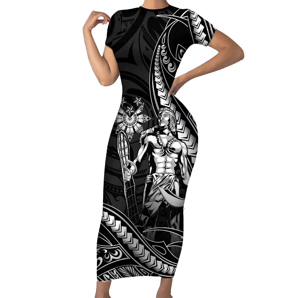 Filipinos Lapu Lapu Hero Short Sleeve Bodycon Dress Black Polynesian Tribal Tattoo LT05 Long Dress Black - Polynesian Pride