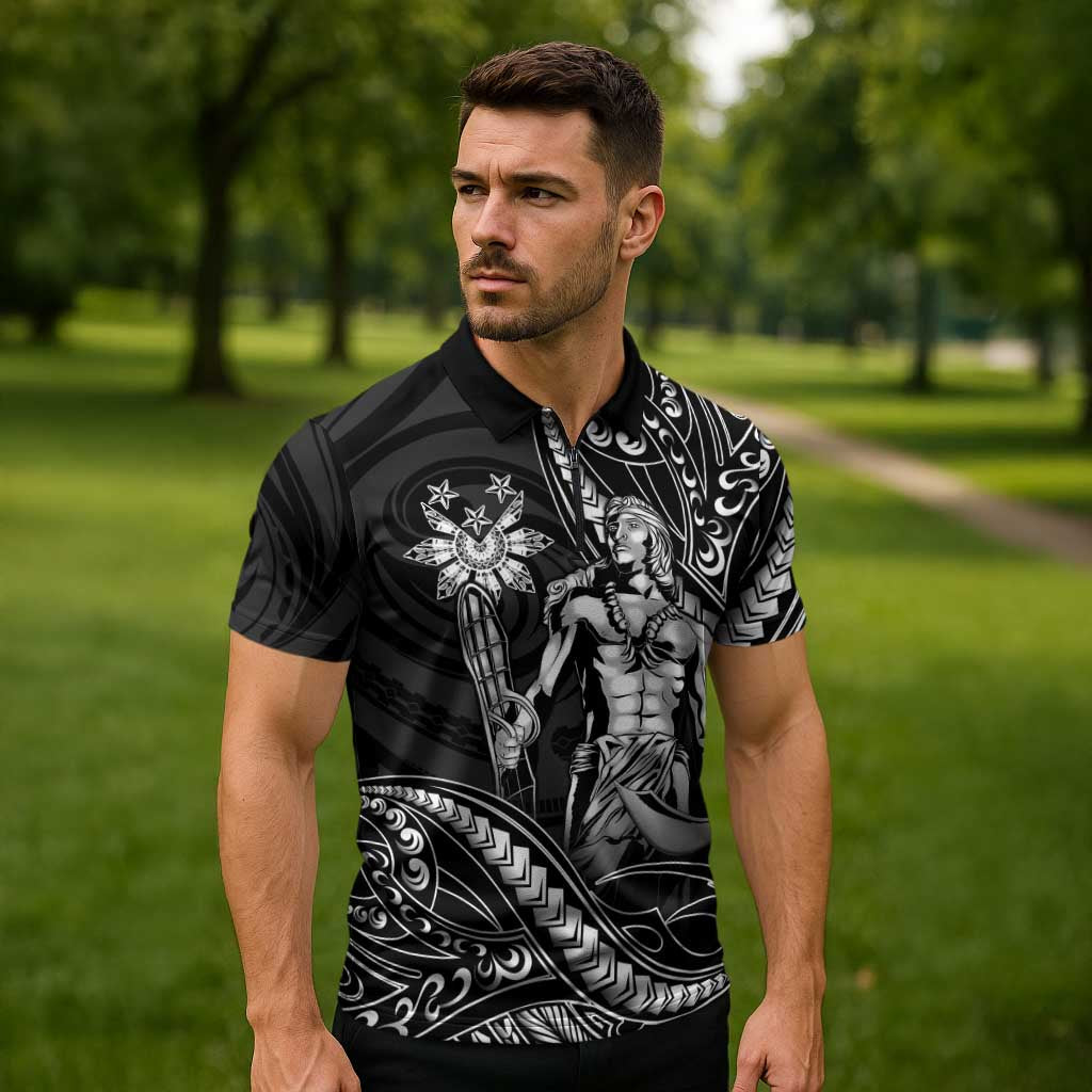 Filipinos Lapu Lapu Hero Zipper Polo Shirt Black Polynesian Tribal Tattoo LT05 - Polynesian Pride