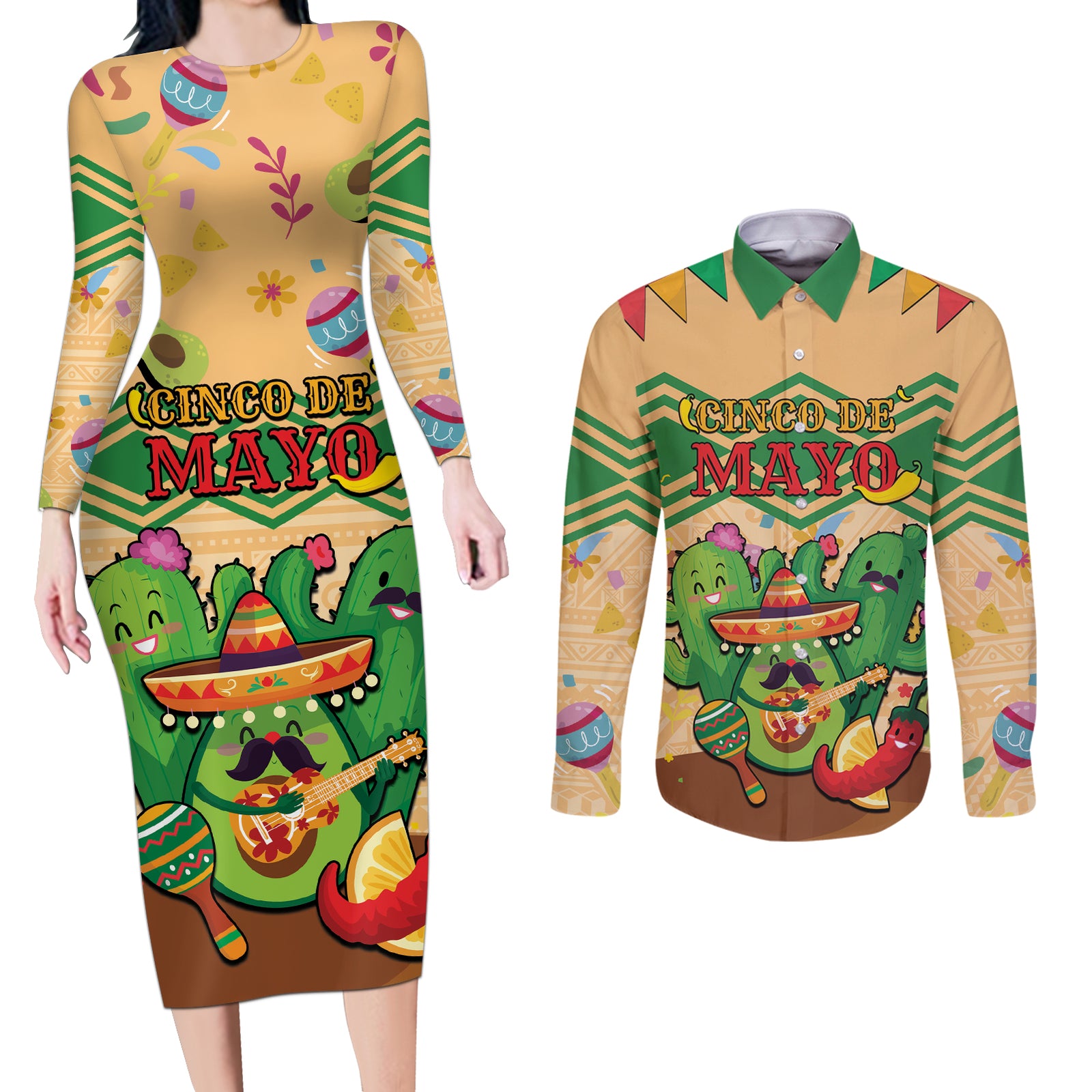 Personalised Hawaii Cinco De Mayo Couples Matching Long Sleeve Bodycon Dress and Long Sleeve Button Shirt Funny Style