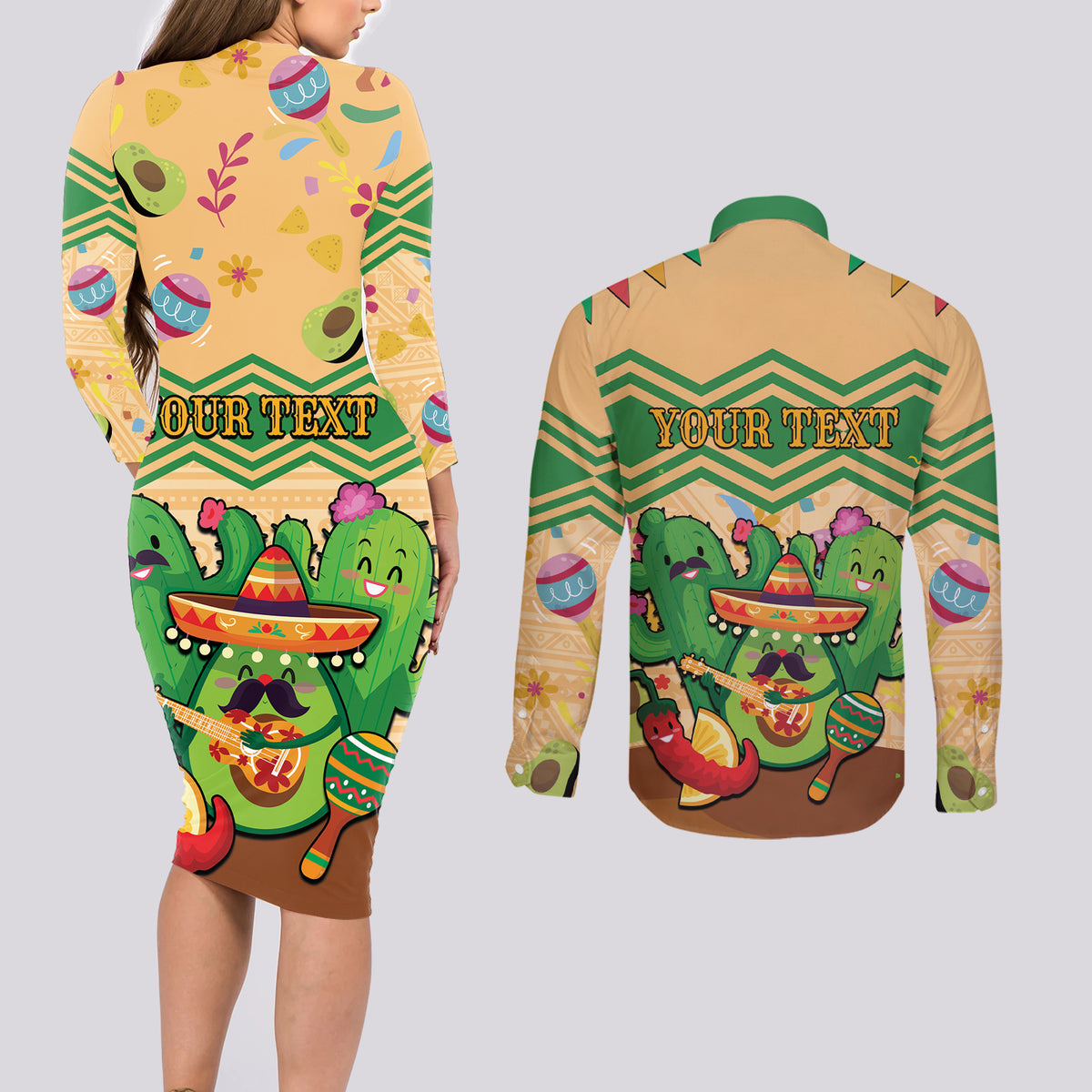 Personalised Hawaii Cinco De Mayo Couples Matching Long Sleeve Bodycon Dress and Long Sleeve Button Shirt Funny Style