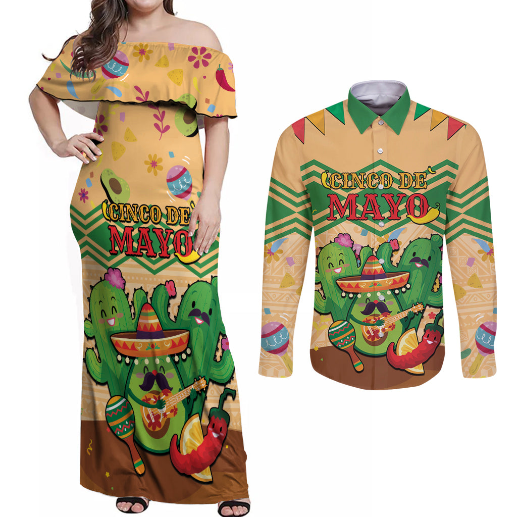 Personalised Hawaii Cinco De Mayo Couples Matching Off Shoulder Maxi Dress and Long Sleeve Button Shirt Funny Style