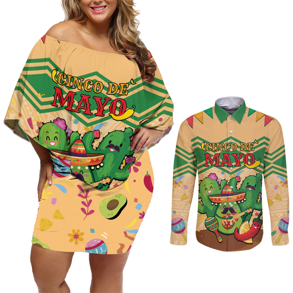 Personalised Hawaii Cinco De Mayo Couples Matching Off Shoulder Short Dress and Long Sleeve Button Shirt Funny Style
