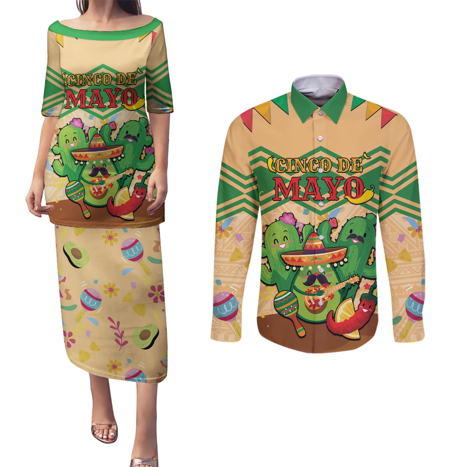 Personalised Hawaii Cinco De Mayo Couples Matching Puletasi and Long Sleeve Button Shirt Funny Style