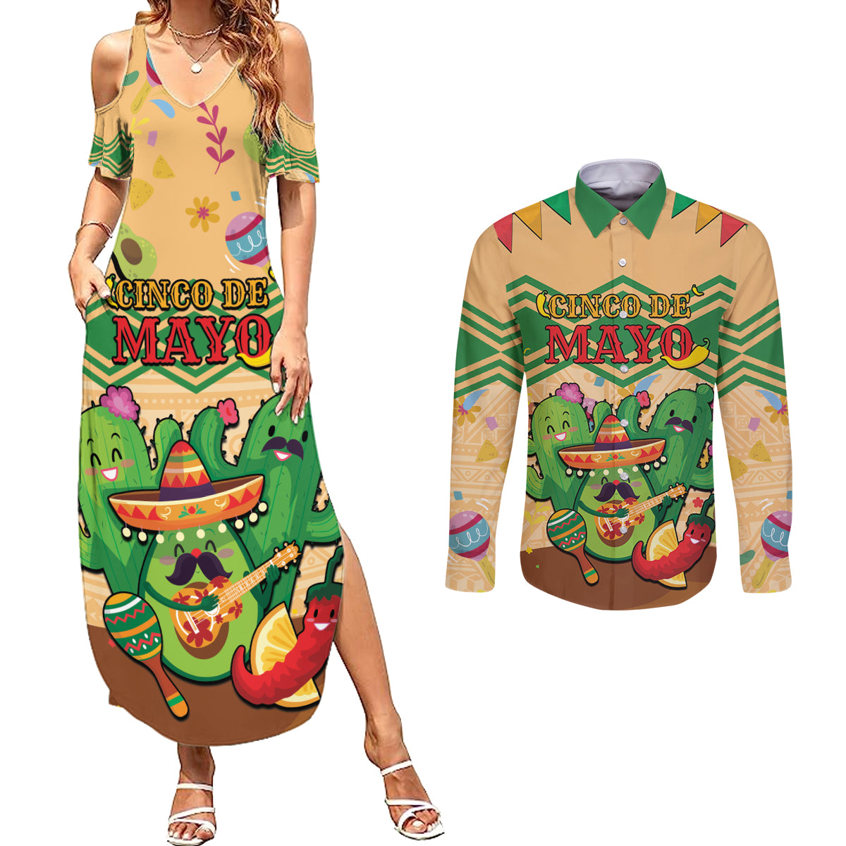 Personalised Hawaii Cinco De Mayo Couples Matching Summer Maxi Dress and Long Sleeve Button Shirt Funny Style