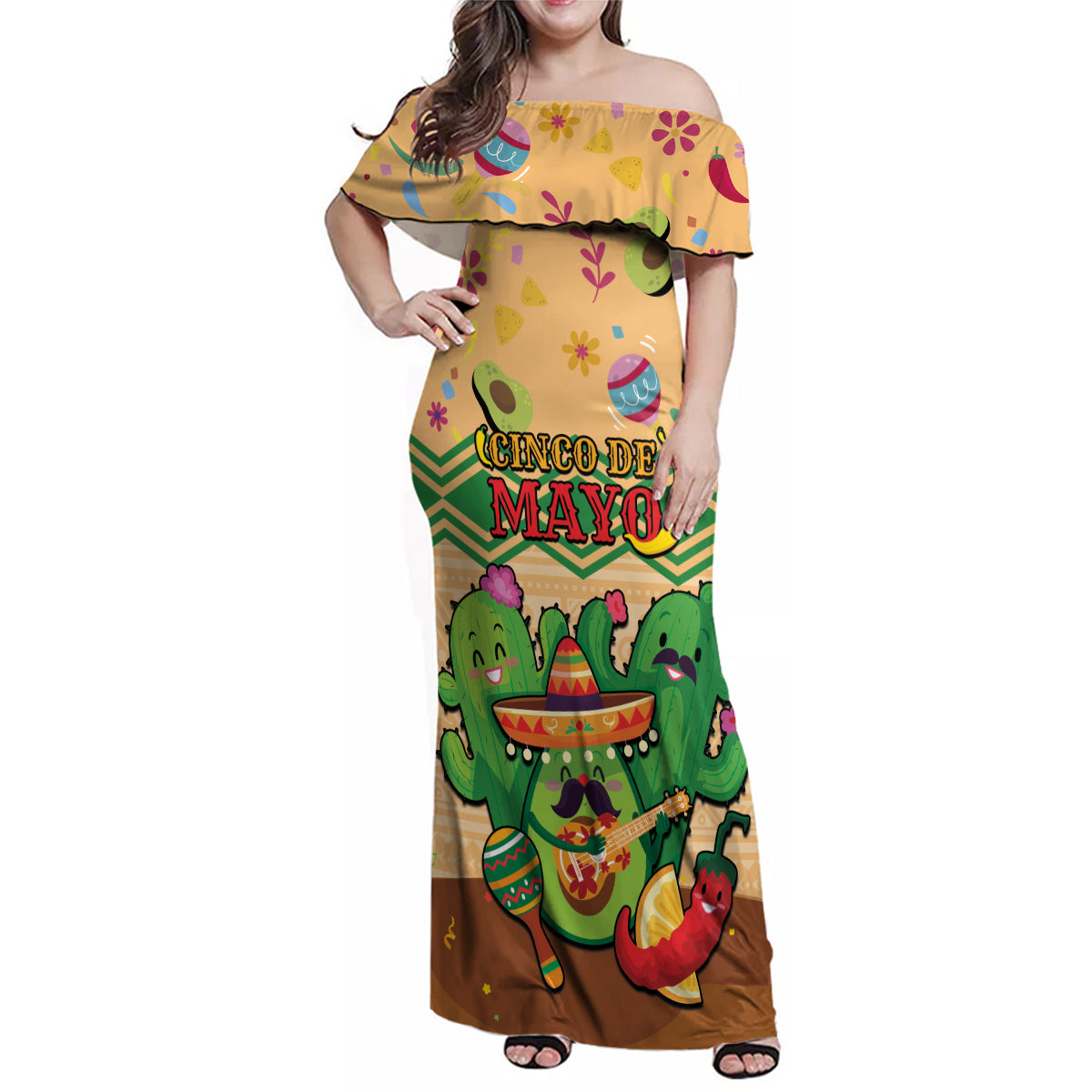 Personalised Hawaii Cinco De Mayo Family Matching Off Shoulder Maxi Dress and Hawaiian Shirt Funny Style LT05 Mom's Dress Brown - Polynesian Pride