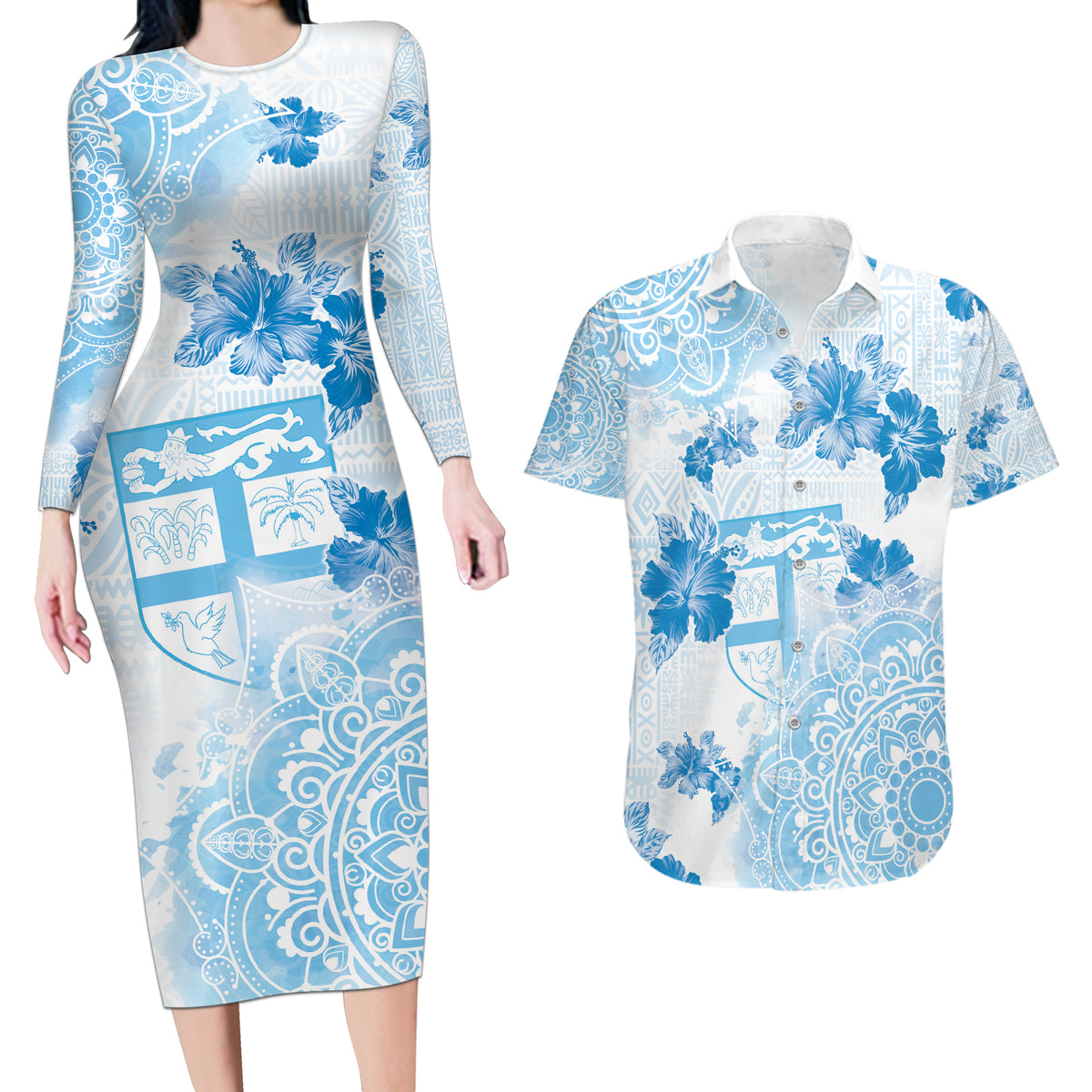 Happy Fiji Girmit Day Couples Matching Long Sleeve Bodycon Dress and Hawaiian Shirt Fijian Tapa With Mandala Pattern LT05 Blue - Polynesian Pride