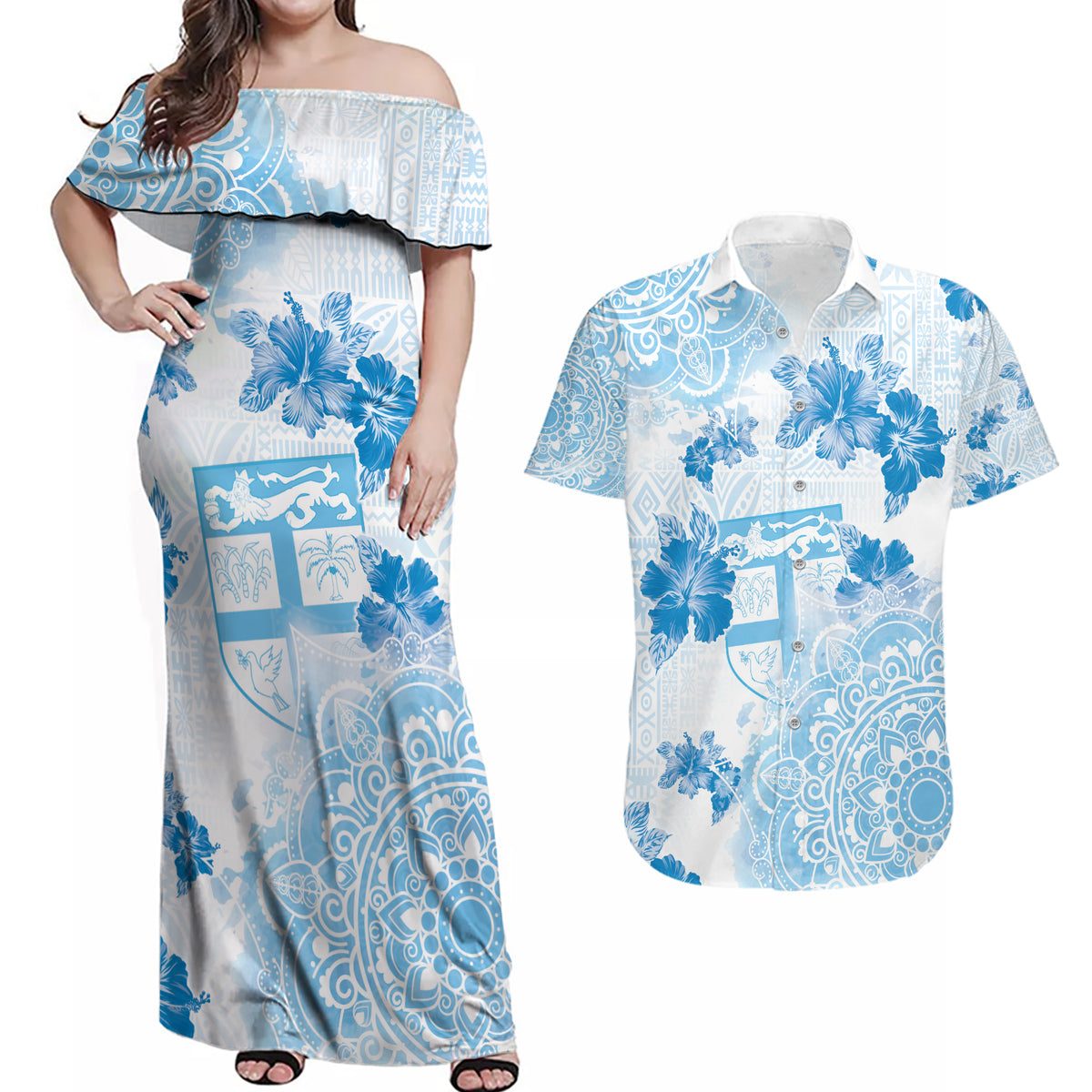 Happy Fiji Girmit Day Couples Matching Off Shoulder Maxi Dress and Hawaiian Shirt Fijian Tapa With Mandala Pattern LT05 Blue - Polynesian Pride