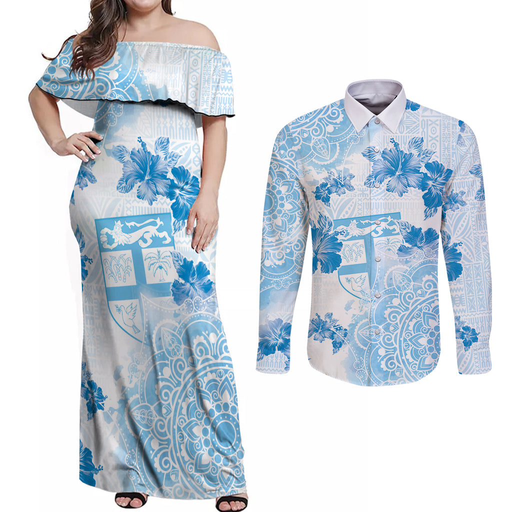 Happy Fiji Girmit Day Couples Matching Off Shoulder Maxi Dress and Long Sleeve Button Shirt Fijian Tapa With Mandala Pattern LT05 Blue - Polynesian Pride