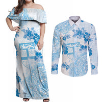 Happy Fiji Girmit Day Couples Matching Off Shoulder Maxi Dress and Long Sleeve Button Shirt Fijian Tapa With Mandala Pattern LT05 Blue - Polynesian Pride