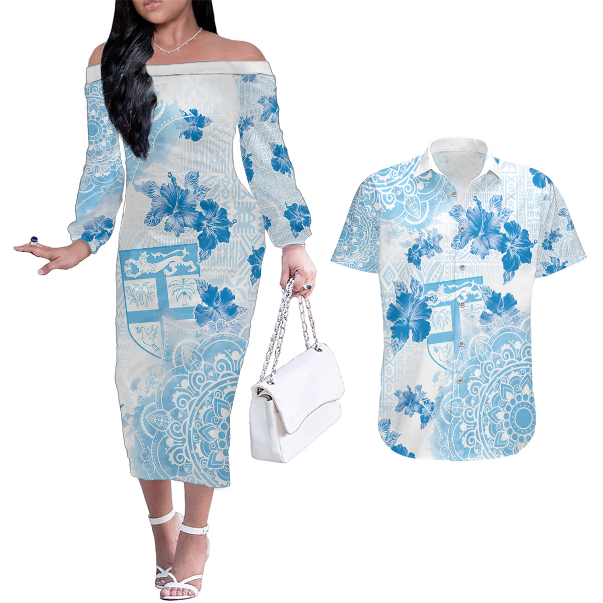 Happy Fiji Girmit Day Couples Matching Off The Shoulder Long Sleeve Dress and Hawaiian Shirt Fijian Tapa With Mandala Pattern LT05 Blue - Polynesian Pride