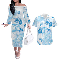 Happy Fiji Girmit Day Couples Matching Off The Shoulder Long Sleeve Dress and Hawaiian Shirt Fijian Tapa With Mandala Pattern LT05 Blue - Polynesian Pride