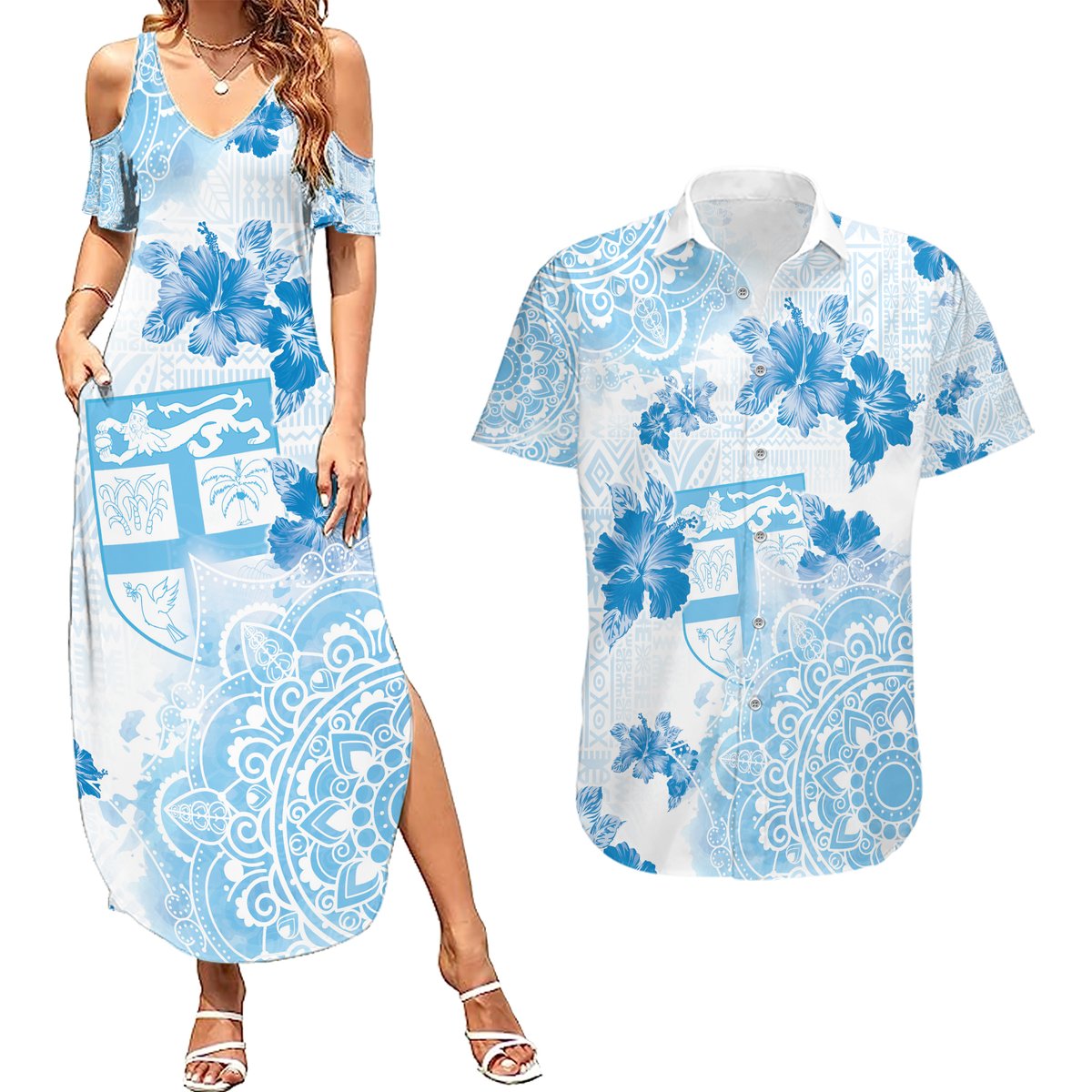 Happy Fiji Girmit Day Couples Matching Summer Maxi Dress and Hawaiian Shirt Fijian Tapa With Mandala Pattern LT05 Blue - Polynesian Pride